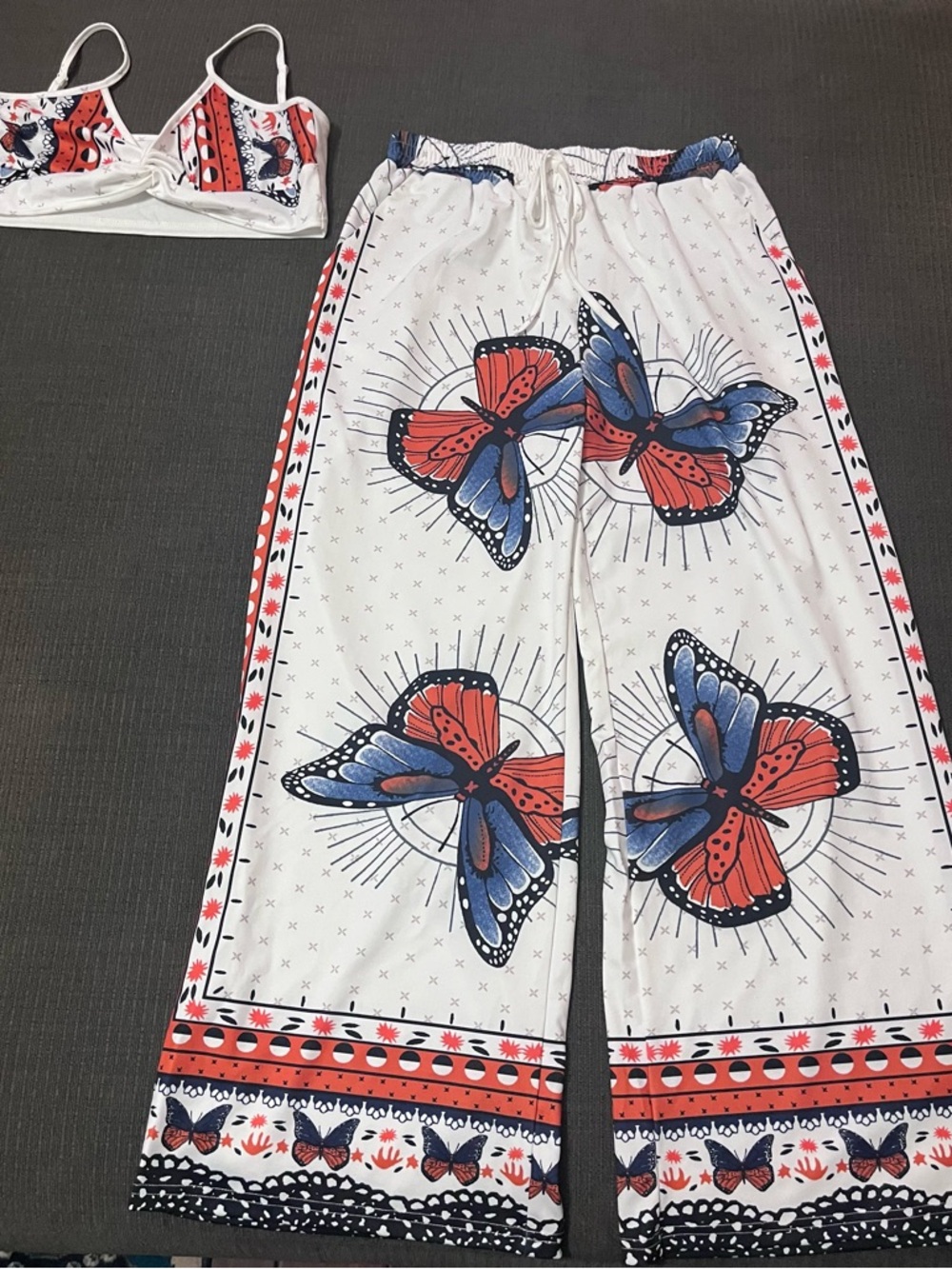 White Wide-Leg Pants Set with Orange & Blue Butterfly Print